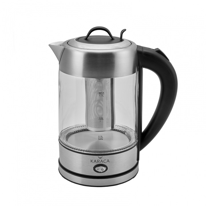 Електрическа кана с инфузер за чай Karaca, Неръждаема стомана, 2200W, Черен, 1.7 l, LED светлина, без BPA