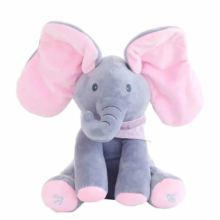 Jucarie Elefant Cucu-Bau Deliny®, canta si isi acopera capul cu urechile, 30 cm, Gri/Roz