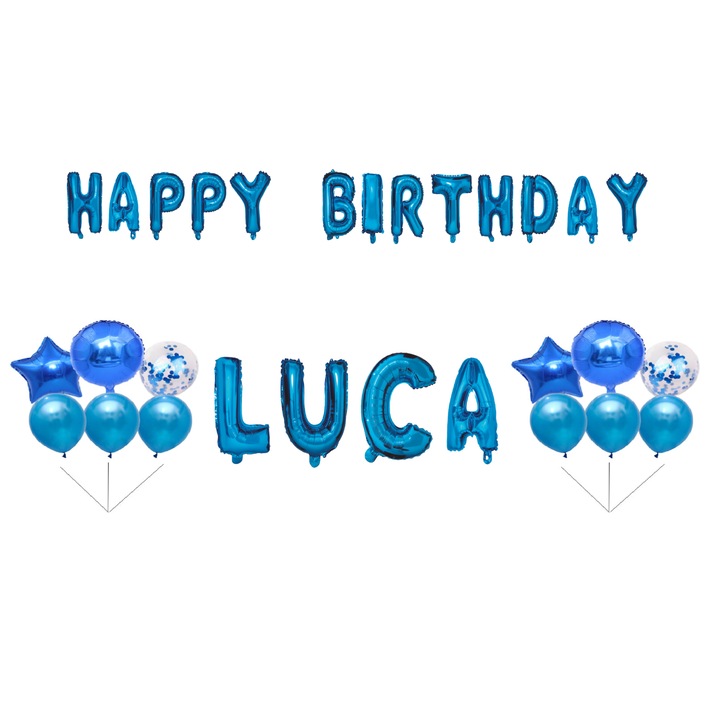 Boldog születésnapot Luca lufi szett, tortafeltét, kék, 35 db