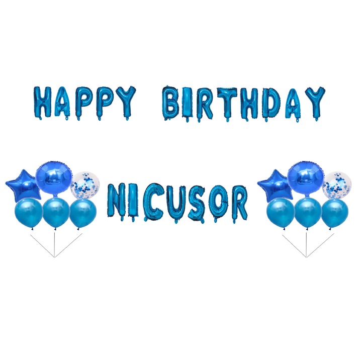 Комплект балони Nicusor Happy Birthday, топер за торта, син, 35 бр