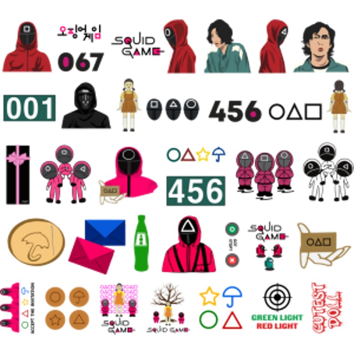 Set 50 Stickere / abtibilduri din vinil waterproof, model Squid Game Jocul Calamarului, Multicolor