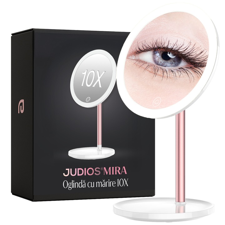 Judios Mira 10X nagyítós kozmetikai tükör LED-del, 30 LED, 3 féle fény, állítható erősségű, érintős vezérlés, 360°-os elforgatás, 10X nagyító tükör, 1200mAh, fehér