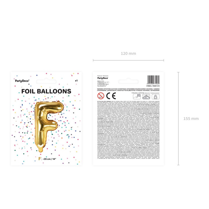Балон за рожден ден PartyDeco, модел буква F, фолио, 35 см, златист