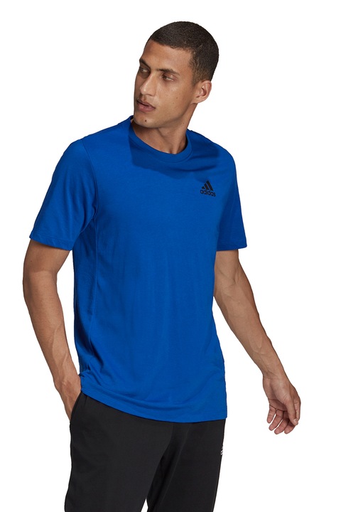 adidas Performance, Фитнес тениска с овално деколте и лого, Бял/Кралско Синьо