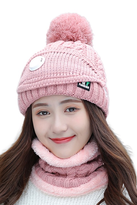 Set caciula cu fular si masca, foarte calduroase, roz, EFAYN.RO, Universala