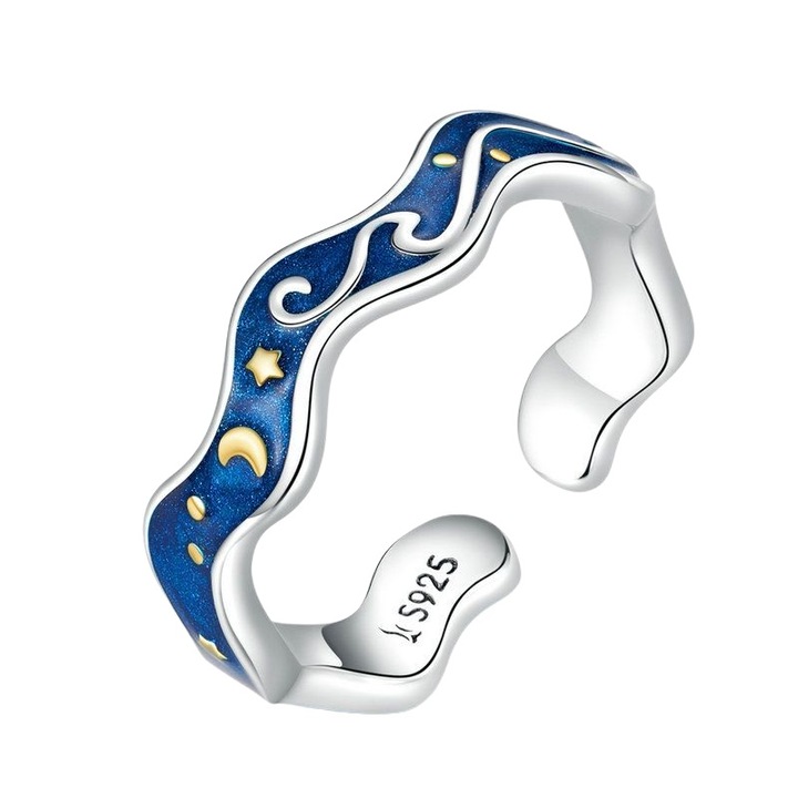 Inel argint reglabil Cer Instelat, BeSpecial, IST0145, placat cu rodiu si aur, Diametru reglabil