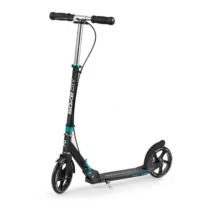 Тротинетка DacEnergy, Алуминиева, Регулируема височина, Крачна и ръчна спирачка, Сгъваема, Степенка, Черен/Тюркоаз, Колела 200x30 мм