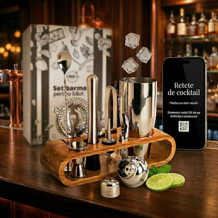 Set de Barman pentru Bauturi, LittleDomi, Suport din Bambus, Shaker Cobbler 550 ml, 10 Piese, Otel Inoxidabil, Argintiu