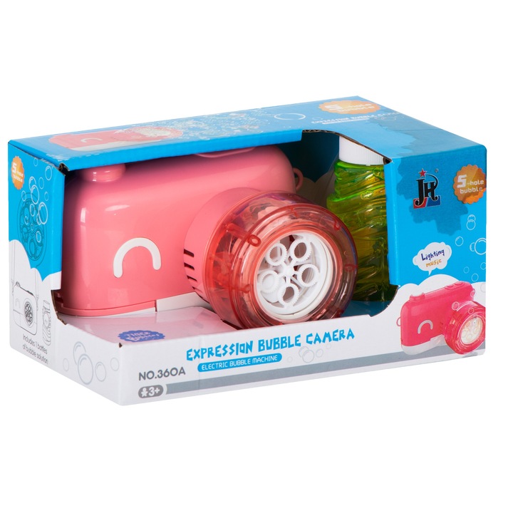 Set aparat baloane de sapun JH Expression Bubble Camera, Model camera foto, 3 ani+, Roz