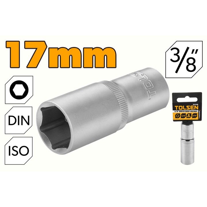 Cheie tubulara adanca TOLSEN 3/8" Cr-V 17 mm, 50BV30, tratata termic, standard DIN3124/ISO2731, canelura retinere, cromata, utilizare manuala, Industrial