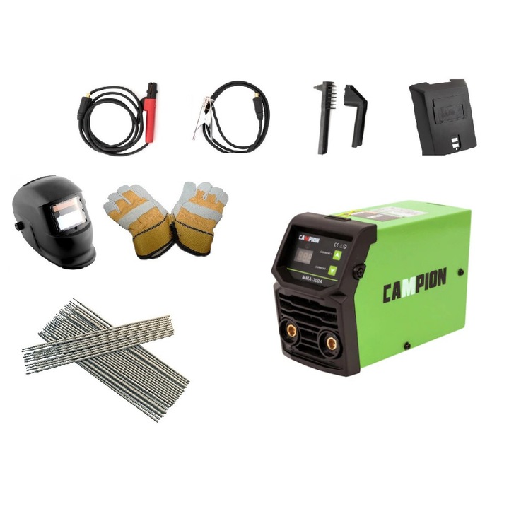 Set Aparat de sudura Profesional EMP Campion Mini GREEN, 10-300 A, Electrozi 1.6 - 5 mm, 220V, Masca Heliomata, Electrozi de Sudura, 3.2 Kg si Palmari Pentru Sudura