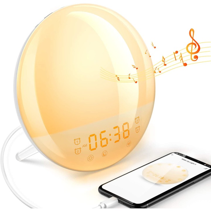 Intelligens LED lámpa, FM Rádió órával és ébresztővel, Napfelkelte és Naplemente Szimuláció, Fehér Hangok, 7 LED szín, USB Csatlakozó, App Vezérlés, Alexa/Google Home