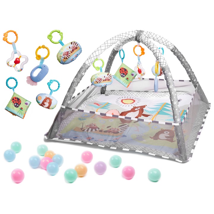 Set covoras activitati cu mingi Activity Gym & Foldable Play Mat, 0 luni+, Gri