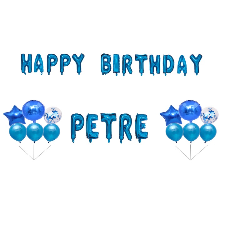 Boldog születésnapot Petre lufi készlet, tortafeltét, kék, 35 db