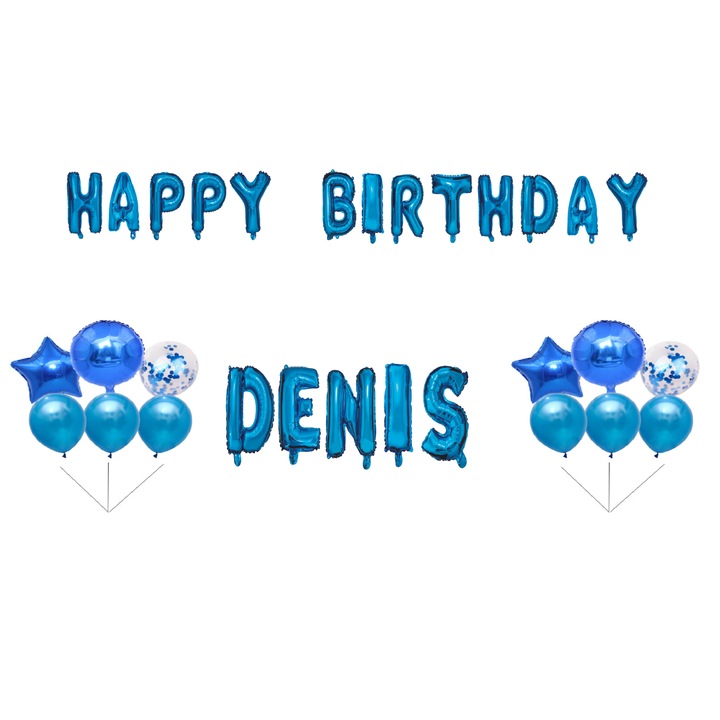 "Happy Birthday Denis" lufi szett, Tortadísz, Kék, 35 db