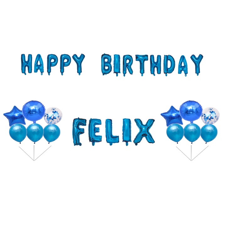 Boldog születésnapot Felix lufi szett, tortafeltét, kék, 35 db