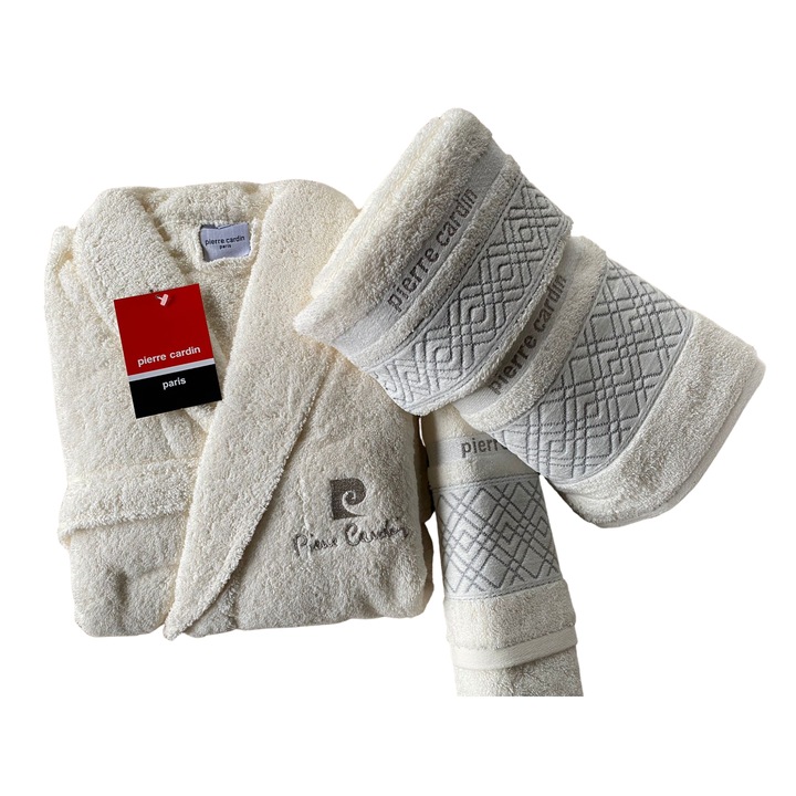 Комплект халат с хавлиени кърпи, 100% памук, Pierre Cardin, кремав, L-XL