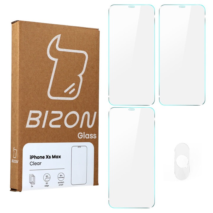 Комплект 4x предпазен стъклен протектор за екран Bizon, прозрачно стъкло, съвместим с iPhone XS Max