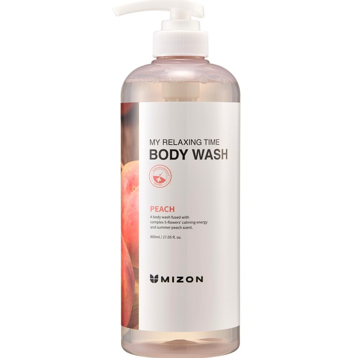 Tusfürdő barack aromával és természetes kivonatokkal, Mizon My Relaxing Time testápoló, 800 ml