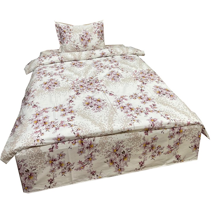 Единичен комплект спално бельо, три части, бяло-люляк, за матрак 90см, ранфорс памук "Лили Гарланд" Liz Line - LSR204
