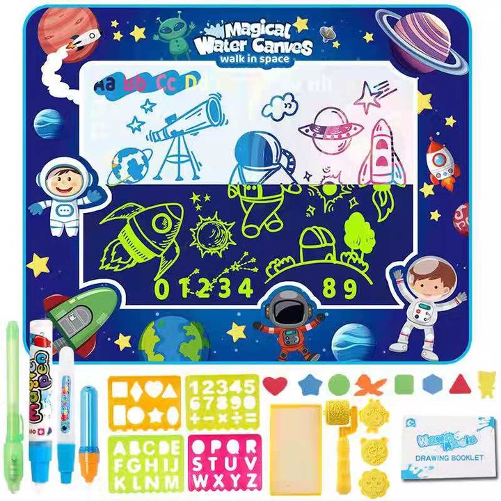 Образователен и интерактивен комплект играчки, игра с постелка Magic Aquadoodle, фосфоресциращ, оцветяване с вода, подарък за момичета и момчета, + 3 години, 100 х 80 см