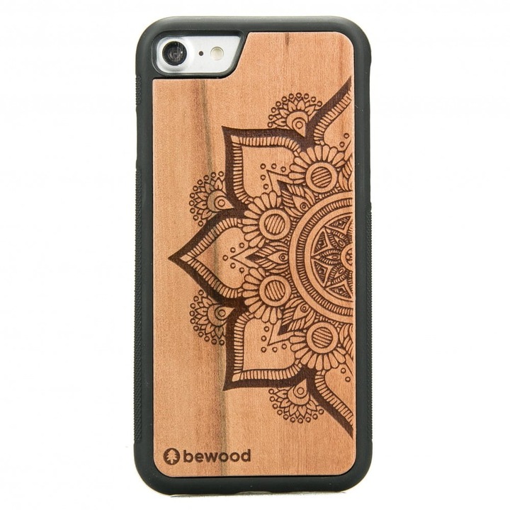 Husa Mandala, Bewood, Lemn/Silicon, Compatibil cu iPhone 7/8/SE 2020, Negru/Lemn