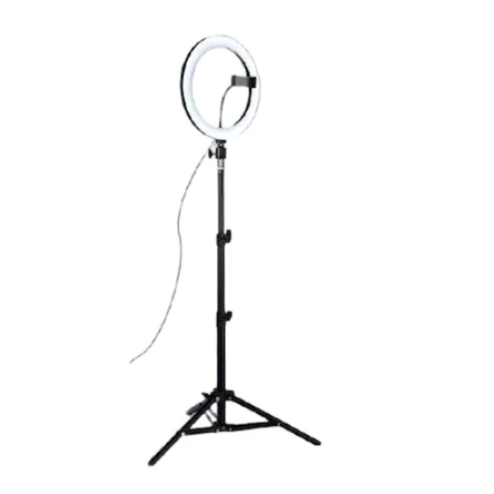Кръгла лампа Ring Light, диаметър 26 см/10 инча LED, JUPITER BRANDS®, USB връзка, 3 светлинни режима, 10 стъпки за настройка, държач за телефон, дистанционно управление за селфита, 210 см статив включен