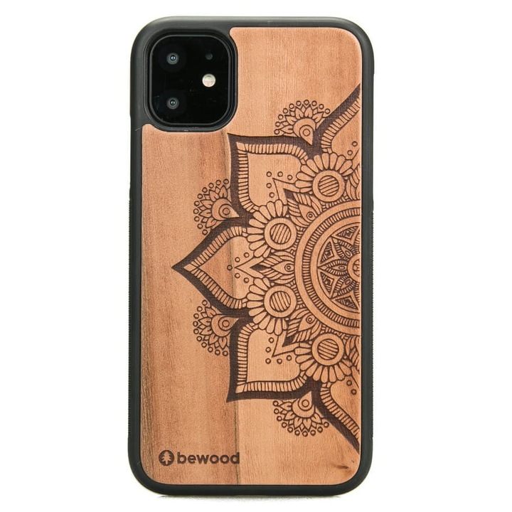 Калъф Mandala, Bewood, дърво / силикон, съвместим с iPhone 11, черен / дърво
