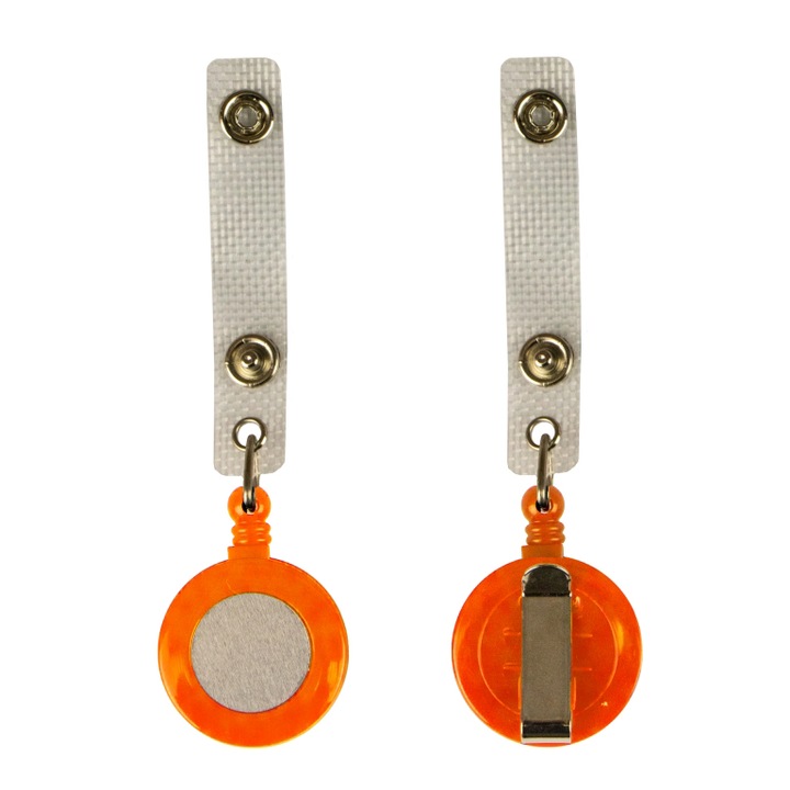 Clip din plastic cu fir retractabil pentru ecusoane, Portocaliu