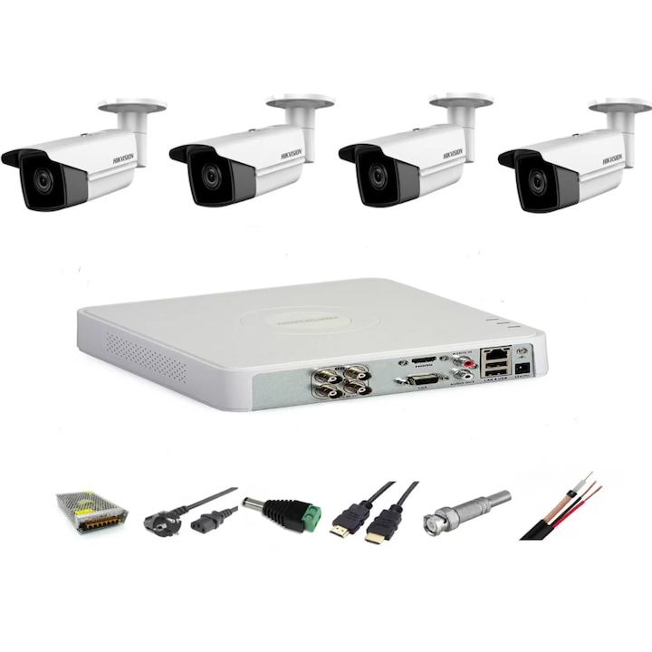 Sistem de supraveghere video 2 camere Hikvision ColorVU 5MP lumina alba 20m, DVR 4 canale