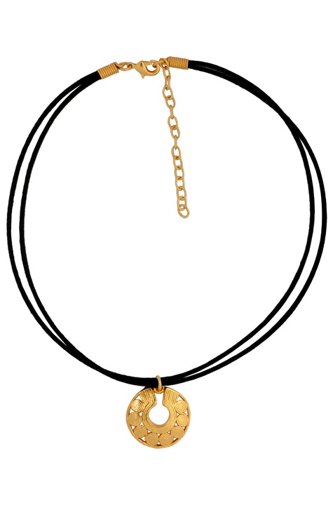 Colier tip choker, piele intoarsa, cu pandantiv model circular cu spirala vietii, cultura Quimbaya, placat cu aur de 24 K, 350 - 415 mm, 6.7 g