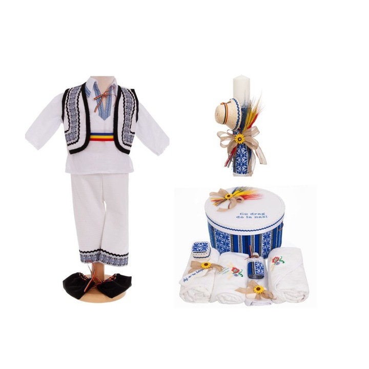 Set botez traditional Felix 9, costum, botosei, cufar, trusou si lumanare, alb-albastru, 5 piese, 3-6 luni