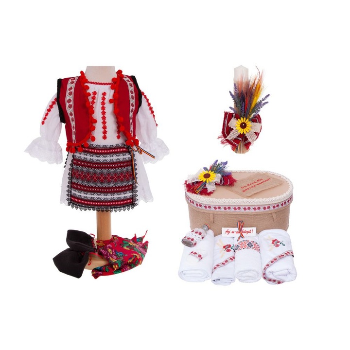 Set botez traditional Ana 5, rochita, botosei, cufar, trusou si lumanare, alb-rosu, 5 piese, 6-9 luni