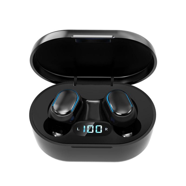 Безжични слушалки E7S Sport Bluetooth 5.0, HD микрофон, Сензорно управление, LED дисплей, Шумопотискане, Черен, 300mAh