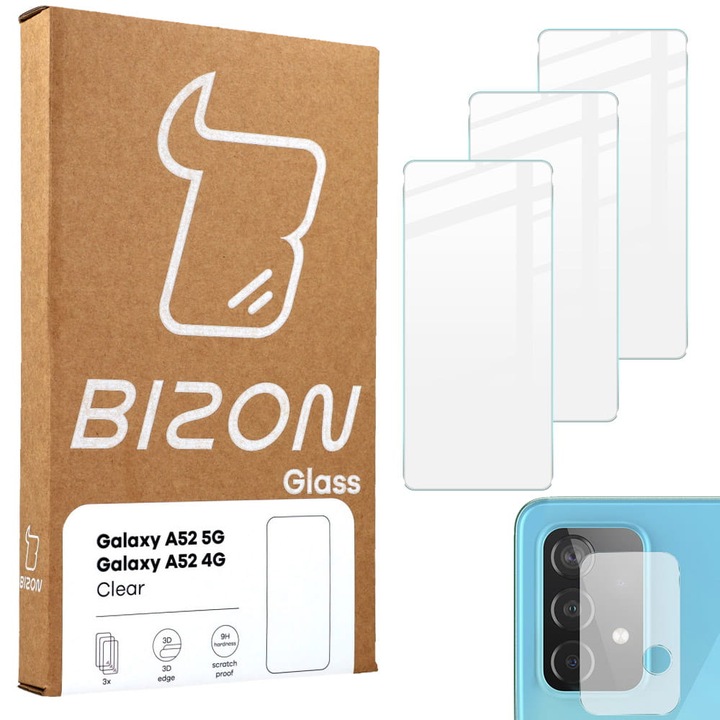 Bizon Glass Clear Samsung Galaxy A52s 5G / A52 4G / 5G előlap és kameravédő fólia készlet, 4 db, biztonsági üveg, átlátszó