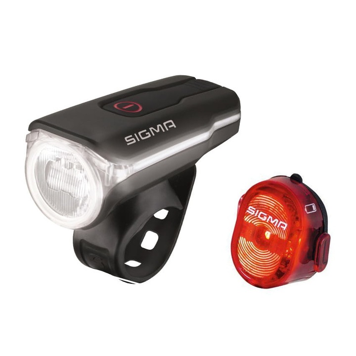 Set lumini far si stop pentru bicicleta Sigma Aura 60 + Sigma Nugget II, Fata/Spate, Micro-USB, Negru