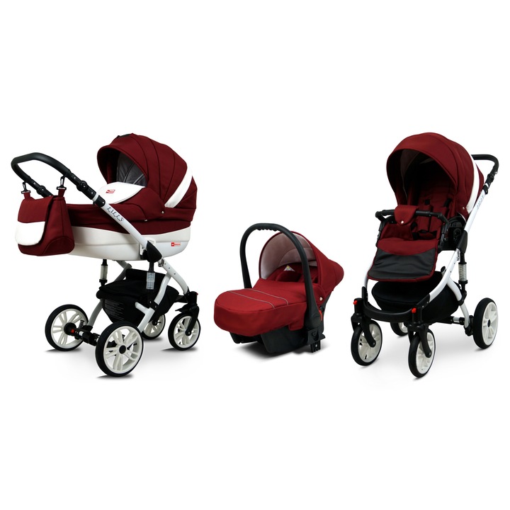 Детска количка 3 в 1 BabyLux Lilly, Алуминиева рамка, Червен / Бял