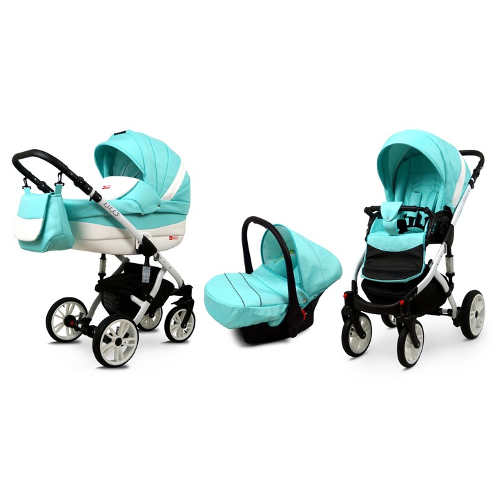 Детска количка 3 в 1 BabyLux Lilly, Алуминиева рамка, Зелен / Бял