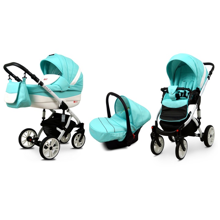 Carucior 3 in 1 Lilly, BabyLux, Cadru aluminiu, Verde menta/Alb