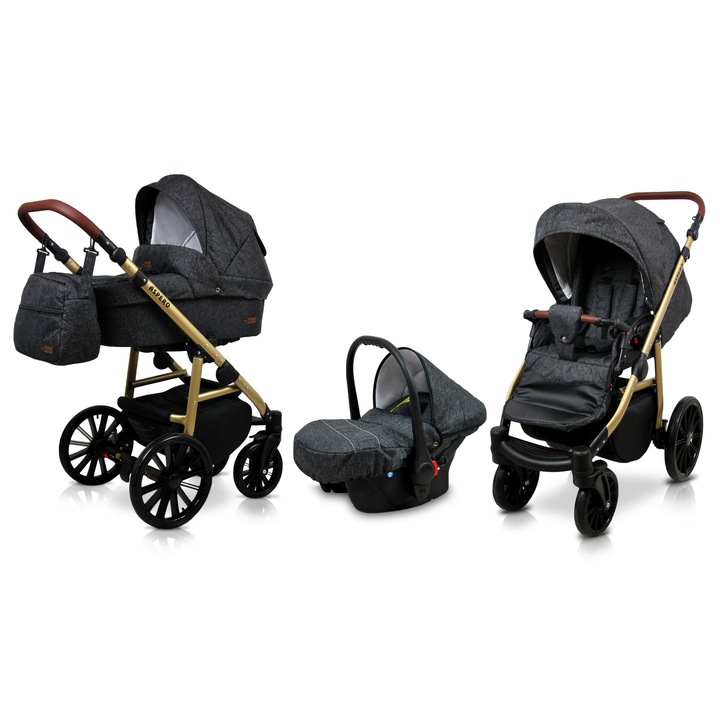 Количка 3 в 1 BabyLux Aspero, Алуминиева рамка, Черен