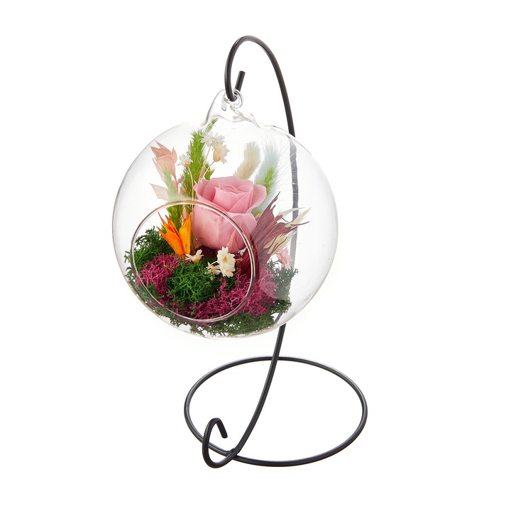 Trandafir Criogenat in glob de sticla, Roz,14-24h/42 cm, BijuteriiUniq