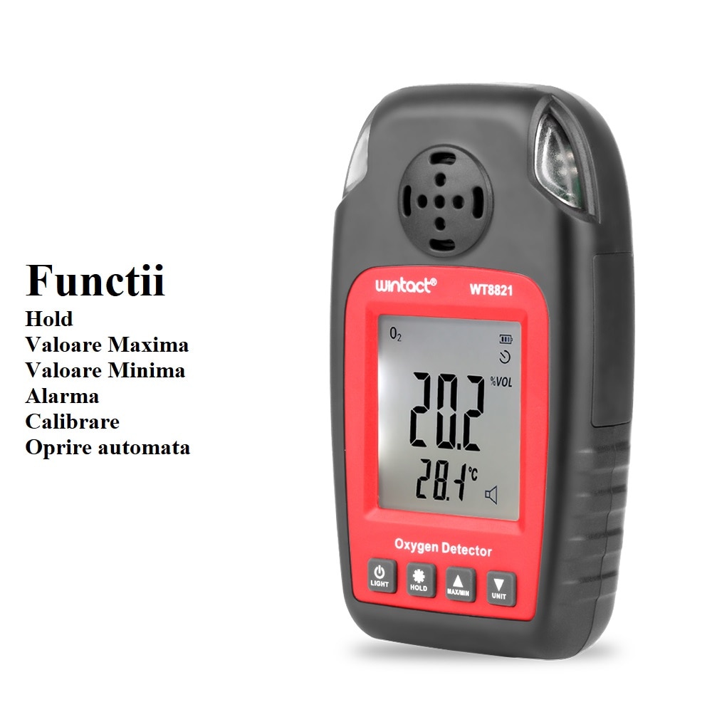 Detector oxigen Wintact WT8821, senzor electrochimic, 0–25% O2