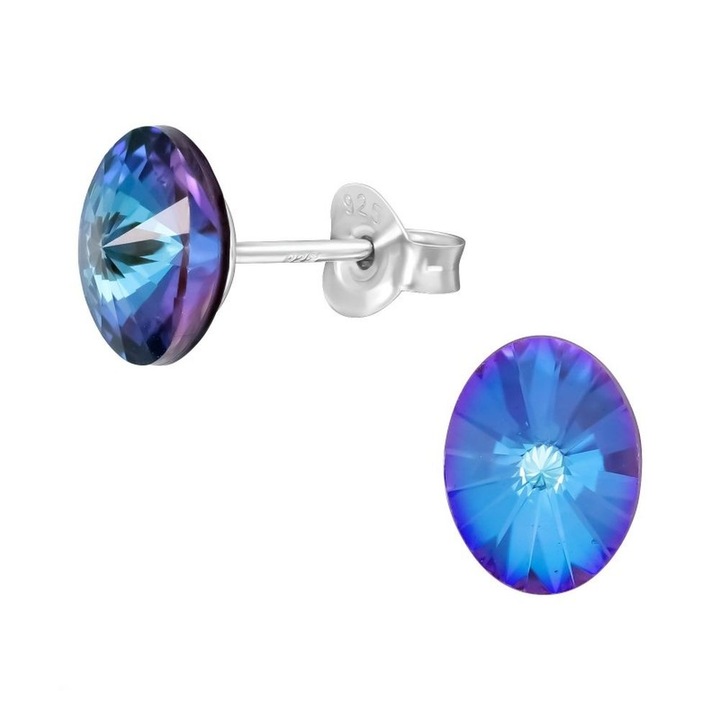Сребърни обеци с винт и кристали Swarovski, индиго овал, 6 мм х 8 мм