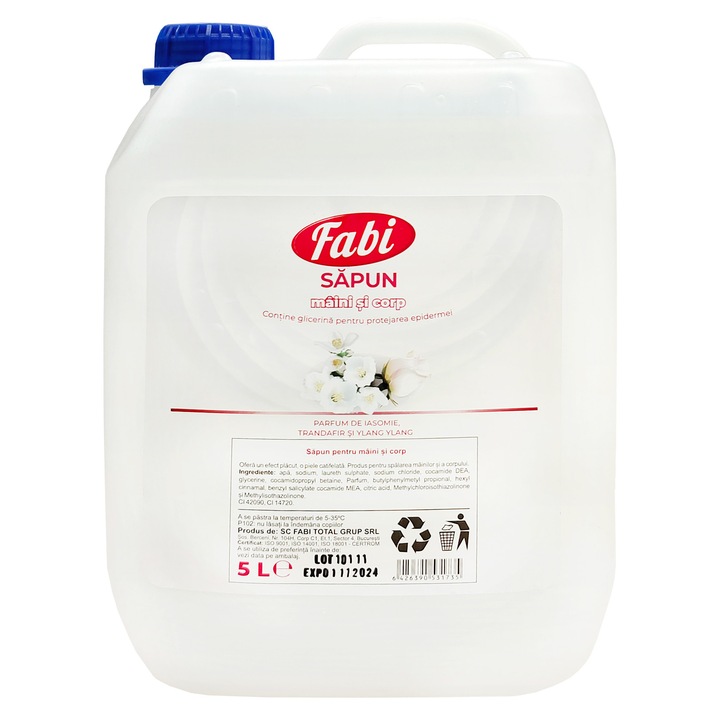 Sapun lichid, Fabi, 5L, alb, curatare delicata, parfum iasomie, trandafir si ylang ylang
