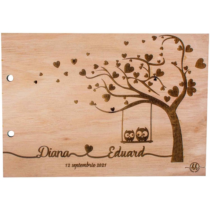 Album Foto GuestBook A4 de Nunta HH676 din lemn Inimi Bufnite 30x21 cm