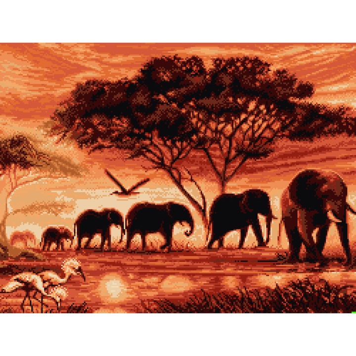 Goblen Elefantii in amurg, Rogoblen, kit cu diagrama color, fire mouline 19 x25 cm