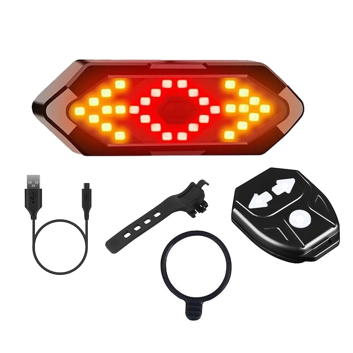 Set semnalizator Bicicleta, Zggzerg, Incluse claxon, Incarcare USB, 5 moduri de lumina, IP65 Rezistent la Apa si Praf, Usor de Instalat, Negru