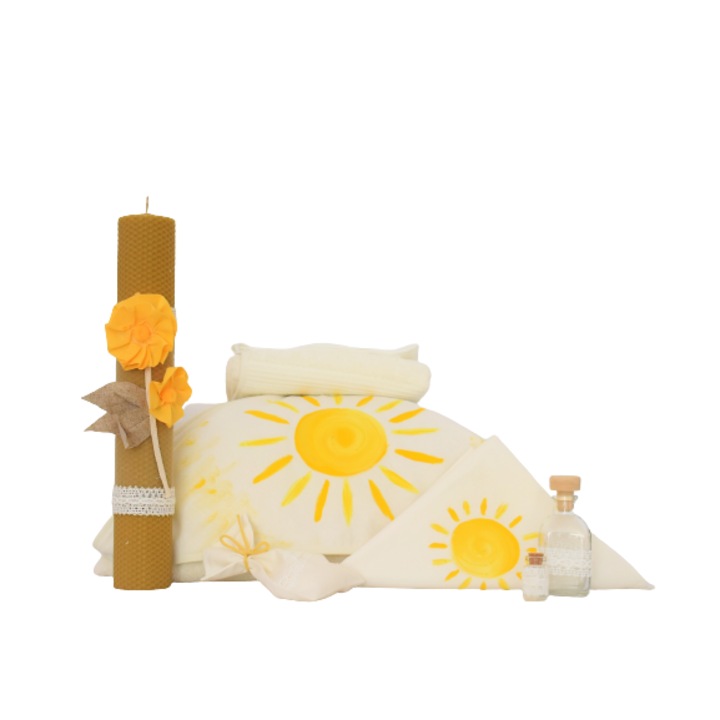 Set botez pictat 9 piese Soarele Meu- Odorul Mamei- Trusou, cufar si lumanare, ivoire