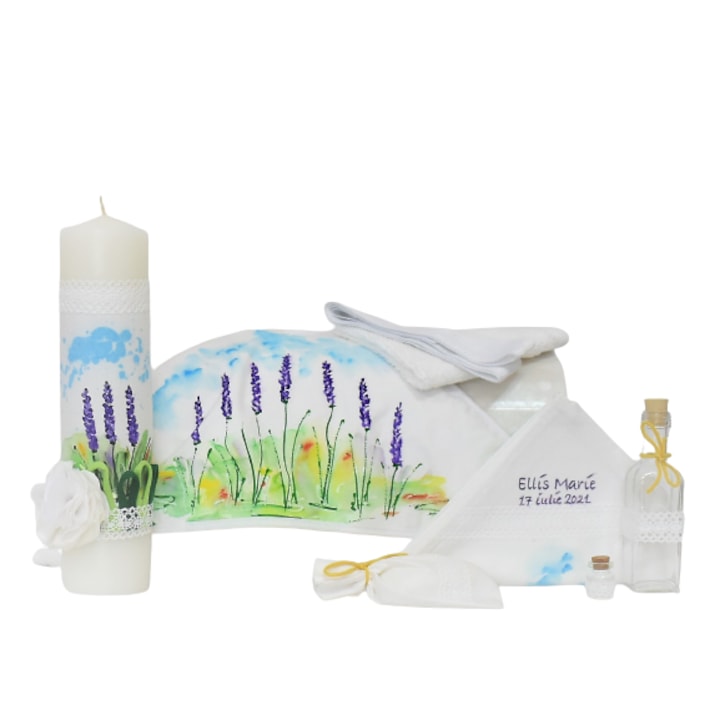 Set botez pictat 9 piese Camp de Lavanda- Odorul Mamei- Trusou, cufar si lumanare, alb