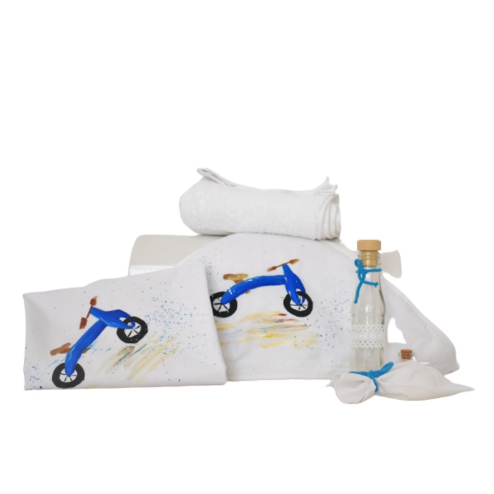 Set botez pictat 7 piese Bicicleta Albastra- Odorul Mamei- alb, pictat